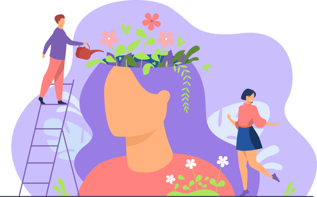ilustracion de personas regando cabeza de mujer con plantas